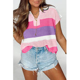 Lovesoft - Colorblock Striped Knit Top Casual V Neck Short Sleeve Sweater Women