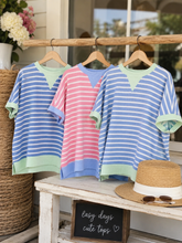 Striped Contrast Trim Loose Short Sleeve Top
