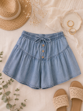 Washed Chambray Button Down Flare Shorts
