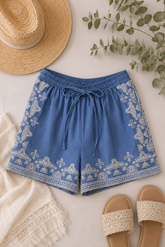 Washed Chambray Embroidered Shorts
