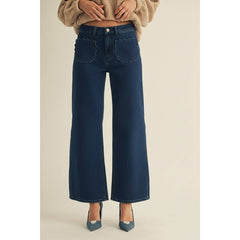 Stretch Mid Rise Scallop Poket Wide Leg Pants