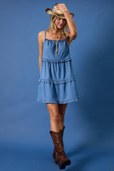 SALLY-SLEEVELESS RUFFLE DETAIL DENIM MINI DRESS