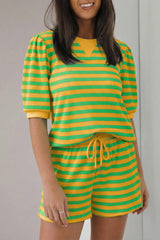 Stripe Spring Puff Sleeve Shirt Matching Shorts Set