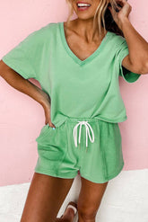 V Neck Drop Shoulder Tee and Patchwork Drawstring Shorts Set