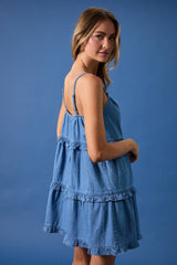 SALLY-SLEEVELESS RUFFLE DETAIL DENIM MINI DRESS