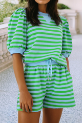 Stripe Spring Puff Sleeve Shirt Matching Shorts Set