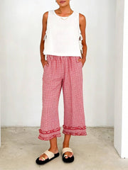 Rosa Clothing - Gingham ruffle hem frill trim cotton pants cropped pants