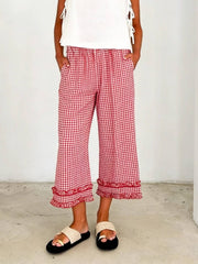 Rosa Clothing - Gingham ruffle hem frill trim cotton pants cropped pants