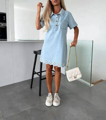 Anna Kaci Wholesale - Denim Polo Mini Dress with Eyelet Hem