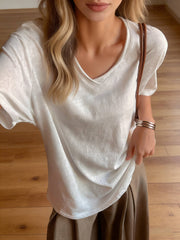 Rosa Clothing - Cotton blend short sleeve roll neck tees V-neck T-shirt