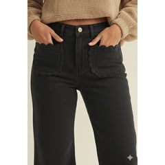 Stretch Mid Rise Scallop Poket Wide Leg Pants