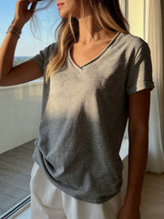 Rosa Clothing - Cotton blend short sleeve roll neck tees V-neck T-shirt