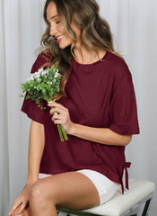 Vine & Love - Bow Side Slit 100% Cotton Knit Top VT82807