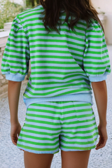 Stripe Spring Puff Sleeve Shirt Matching Shorts Set