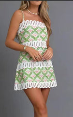 Geometric Print Scallop Lace Trim Spaghetti Strap Mini Dress