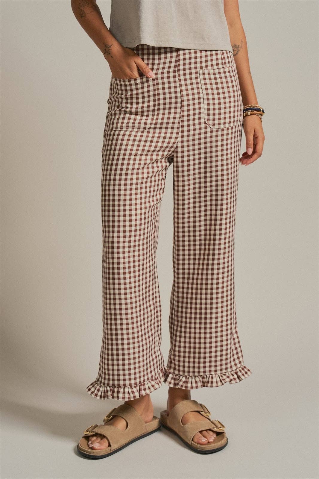 Urban Daizy - Gingham Ruffle Hem Cropped Wide Leg Pants