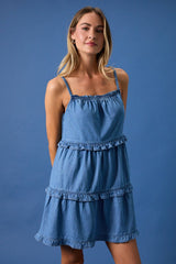 SALLY-SLEEVELESS RUFFLE DETAIL DENIM MINI DRESS