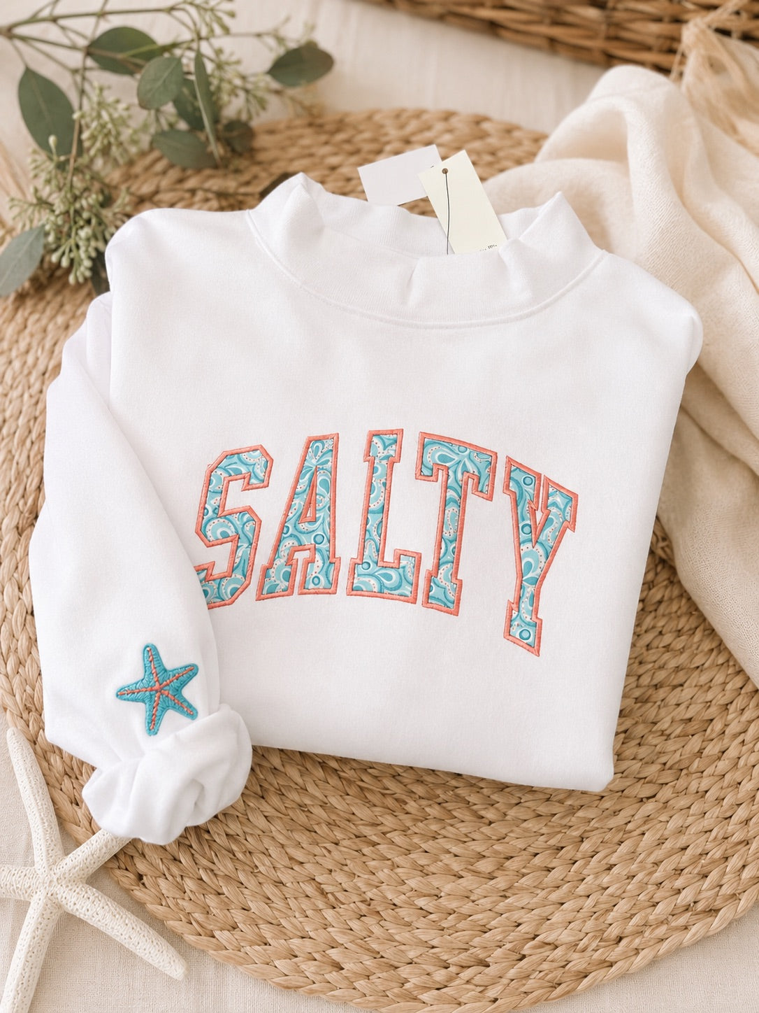 White Mock neck sweatshirt -Salty w/ starfish