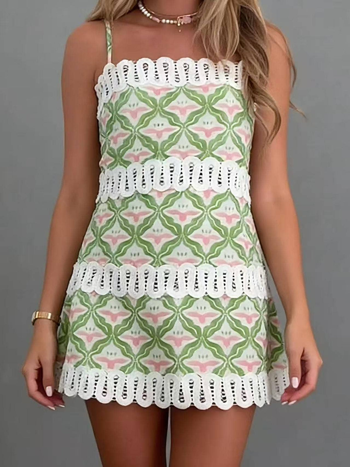 Geometric Print Scallop Lace Trim Spaghetti Strap Mini Dress