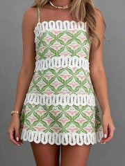 Geometric Print Scallop Lace Trim Spaghetti Strap Mini Dress