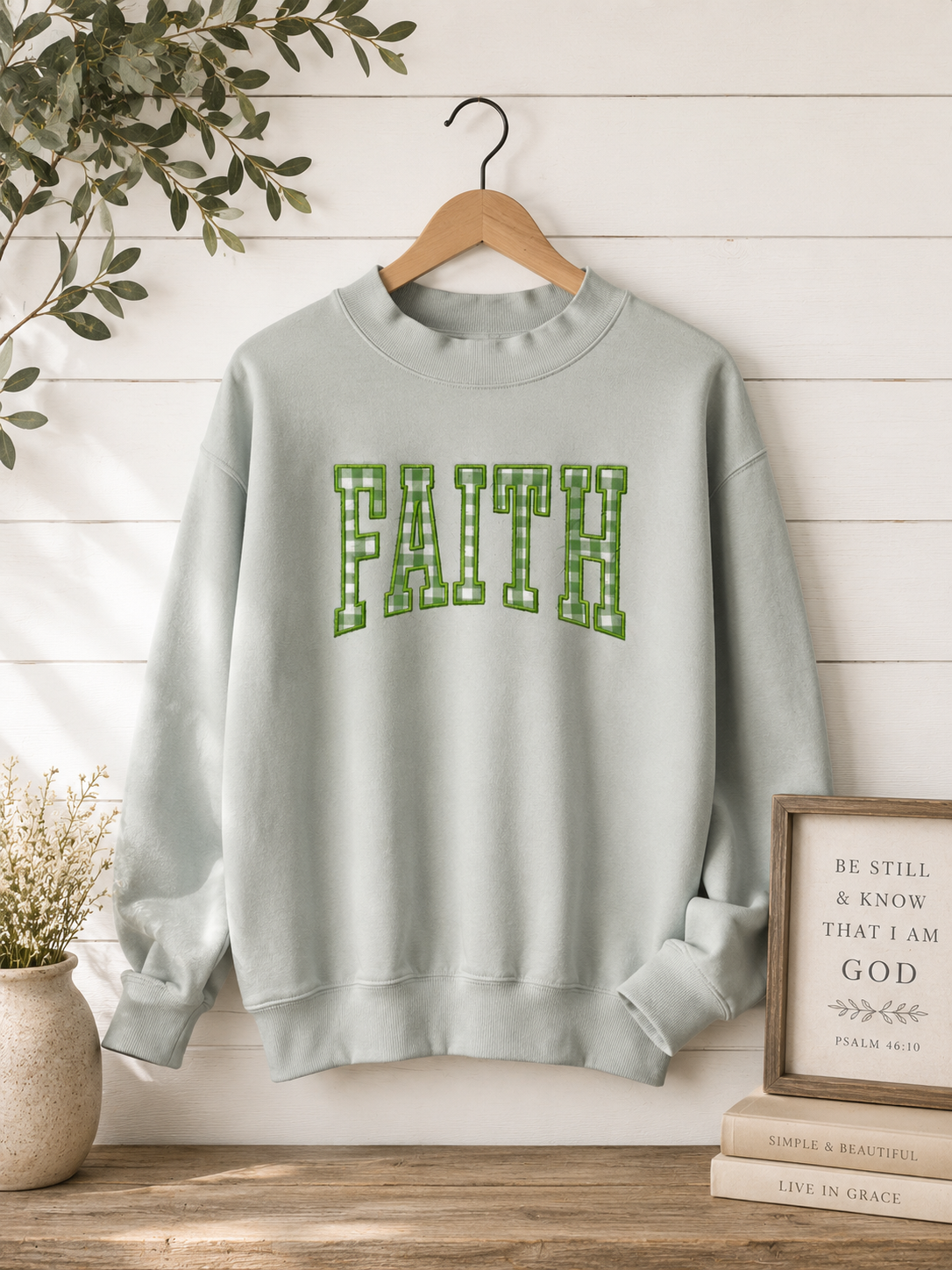 "FAITH " Ice green mock neck
