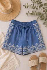 Washed Chambray Embroidered Shorts