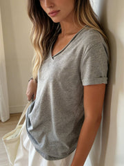 Rosa Clothing - Cotton blend short sleeve roll neck tees V-neck T-shirt