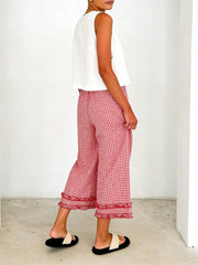 Rosa Clothing - Gingham ruffle hem frill trim cotton pants cropped pants