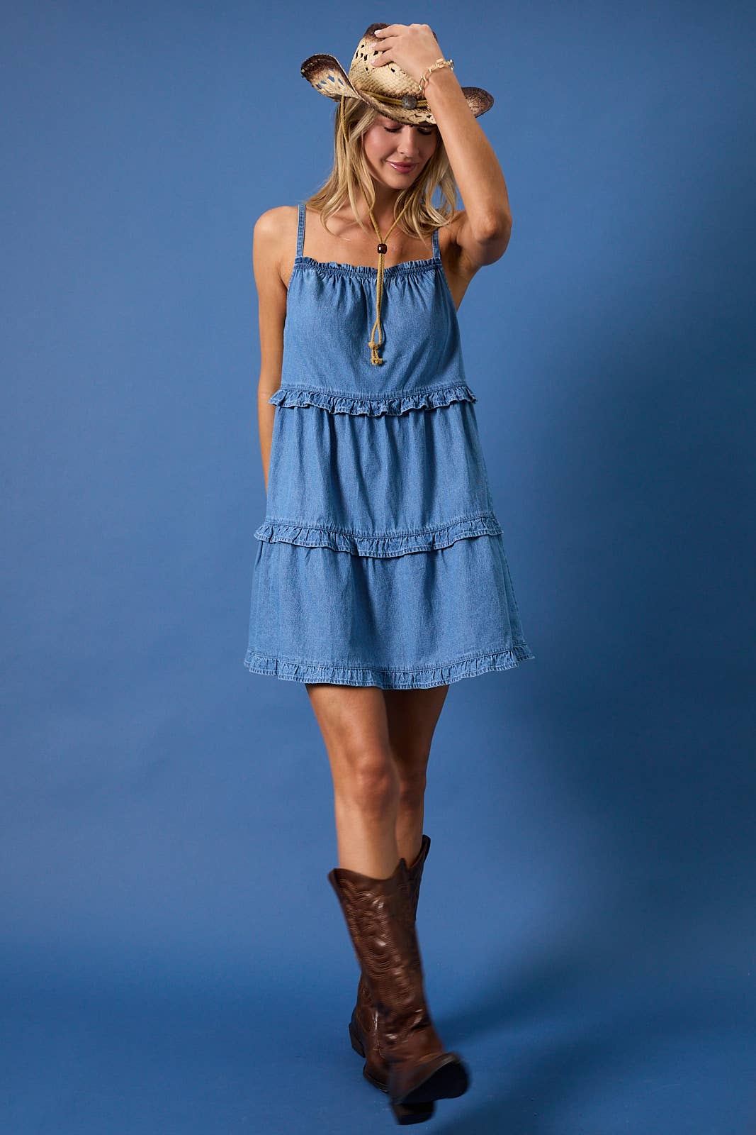 SALLY-SLEEVELESS RUFFLE DETAIL DENIM MINI DRESS
