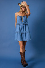 SALLY-SLEEVELESS RUFFLE DETAIL DENIM MINI DRESS