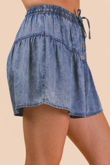 Washed Chambray Button Down Flare Shorts