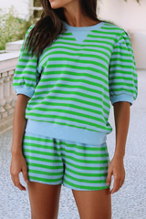 Stripe Spring Puff Sleeve Shirt Matching Shorts Set