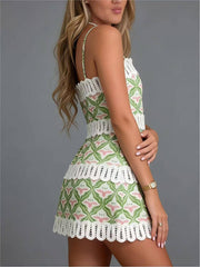 Geometric Print Scallop Lace Trim Spaghetti Strap Mini Dress