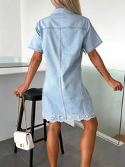 Anna Kaci Wholesale - Denim Polo Mini Dress with Eyelet Hem
