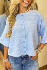 Solid 3/4 Sleeve Boxy Button-Down Cardigan