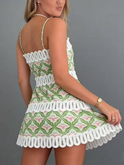Geometric Print Scallop Lace Trim Spaghetti Strap Mini Dress