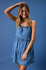 SALLY-SLEEVELESS RUFFLE DETAIL DENIM MINI DRESS